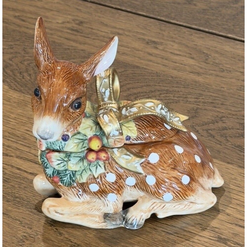 Vintage Fitz And Floyd Snowy Woods Deer Fawn Lidded Ceramic Candy Dish Christmas